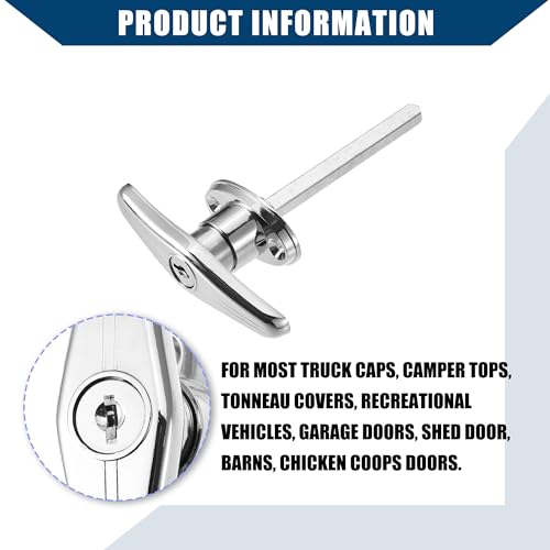 Image of Universal Garage Shed Door Keyed T-Handle Lock Kit Shed Door Lock T Handle W /Key Bolts for Most of Truck Caps Camper Recreational Vehicle Barns /Durable /2 Set Chrome Silver Tone