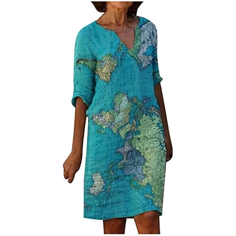 iHENGH Women Fashion World Map Print V-Neck Midi-Sleeve Stitching Loose Waist Straight Midi Dress Casual Stylish Chic Baggy Tunic Summer Ladies Versatile Dresses for Beach Party Holiday Blue Cover