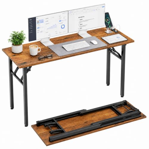HMFOR Folding Table Computer Desk - 55.1" No Assembly Folding Desk with Power Outlets & USB Charging Port, Small Desk, Foldable Office Desk, Compact Storage Portable Use for Small Space, Rustic Brown by HMFOR - Used condition - US$107.07