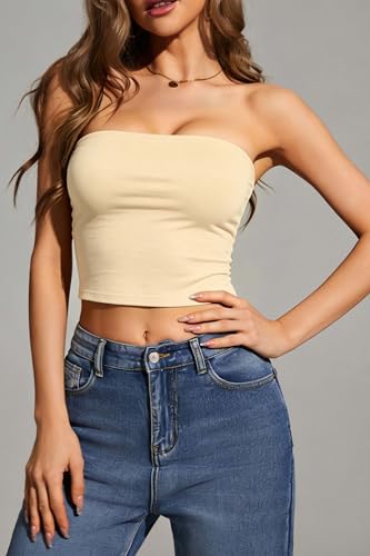 Image of 4-Pack Women's Strapless Tube Tops, Slim Fit Bandeau Crop Shirts | Soft Knit Backless Basic Shirt, Sleeveless Bodycon Fashion, Y2K Going Out Look, Summer Layering, Beach, Party & Daily Fit