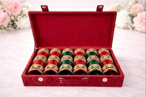 Image of Bangle Box for Women 6 Rod | Bridal Chura Organizer Box with Detachable Rods | Velvet Jewellery Storage Box with Magnetic Lock & Handle | Bangles Holder Case for Jewellery Storage
