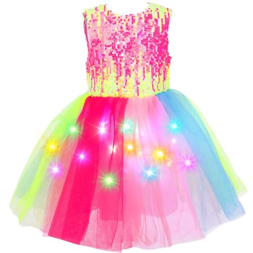 EVILD Girls Light Up Rainbow Tutu Dress Glow Sparkly Sleeveless Sequin Tulle Dresses Party Birthday Dress