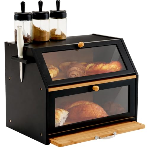 YOUDENOVA Double Decker Bread Box with Knife Block & Cutting Board, Extra Large 2-Layer Bamboo Storage Box with Clear Windows for Bread, Salt and Pepper Mill, 39x26x32,5(LxBxH) cm, Black