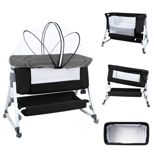 Ohmg Cuna De Noche 3 En 1, Cuna Portátil De Viaje Con Red Transpirable Y Colchón, Cama Portátil Ajustable Para Bebé, Niña Y Niño,Con Ajuste 5 Posiciones Negro 80x40x100-115cm