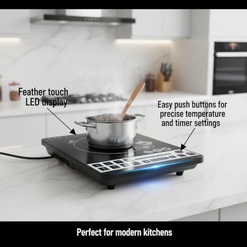 Image of Drumstone (Exclusive & Limited 5 Year Warranty) Induction Cooktop 2200W - LED Touch Display, Auto Pan Detection, 7 Indian Cooking Menus, Timer & Temperature Control - Energy Efficient Kitchen Stove