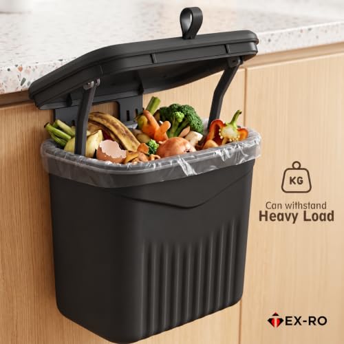 Image of TEX-RO Hanging Dustbin for Kitchen with Lid, 9L Wall Mounted Dustbin for Home with 2-Way Lid Opening, No-Drill Cabinet Door Hanging Trash Can, Plastic Waste Bin for Bathroom Bedroom Office (Black)