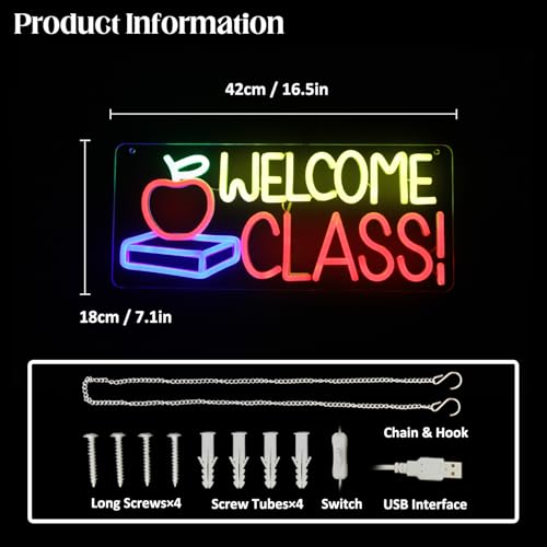 Image of Welcome Class Neon Sign Apple Book LED Sign Back to School Classroom Decor | Dimmable Light Up Signs, Student Classroom Neon Light, Colorful Wall Sign, Acrylic Night Light, School Opens Party Decoration