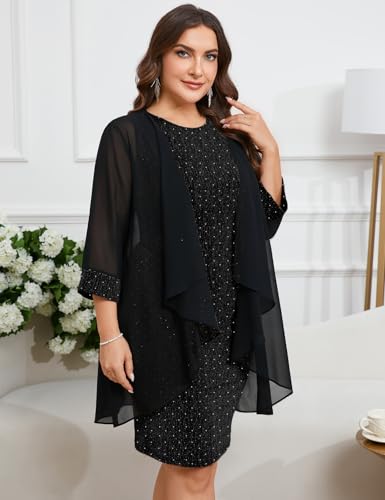 Image of ZOMVA Plus Size Sparkly Formal Dress Suit 2 Piece Mother of The Bride Groom Chiffon Jacket Outfit Cocktail Evening
