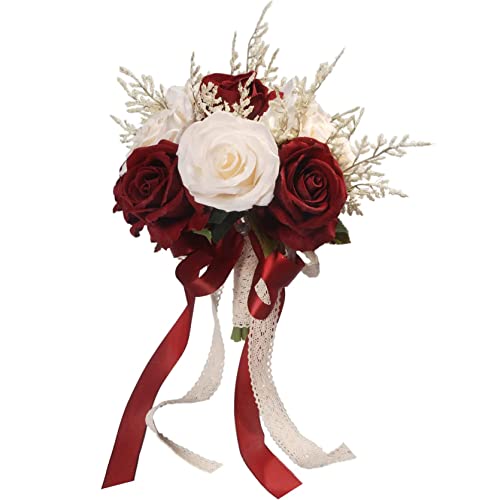 EXENXA Wedding Bouquets for Bride, Champagne White & Burgundy Rose Bridal Bouquets for Bride, Artificial Flower Bouquet for Wedding Church Home Decoration