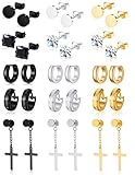 Ofeiyaa 15 Pairs Stainless Steel Cross Dangle Hinged Earrings Hoop Huggie Earrings CZ Stud Earrings