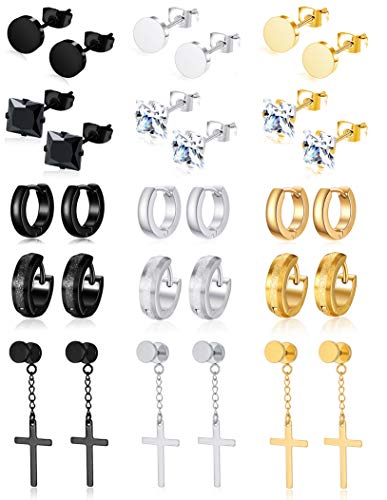 Ofeiyaa 15 Pairs Stainless Steel Cross Dangle Hinged Earrings Hoop Huggie Earrings Cz Stud Earrings Set For Men Women Ear Piercing Jewelry Black Silver Gold Tone #TOP28
