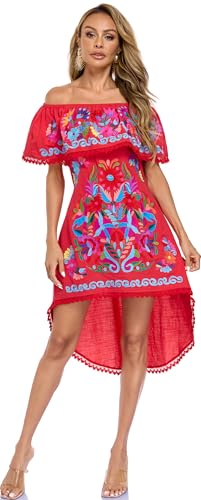 Image of YZXDORWJ Women's Mexican Asymmetrical Dress Embroidered Floral Off-Shoulder Cocktail Latina Fiesta Dress