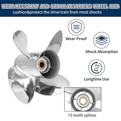 Image of Stainless Steel Boat Propeller 4 Blades Compatible with Yamaha Engines 60HP 70HP 75HP 80HP 85HP 90HP 115HP 130HP Right Hand Rotation 15 Spline Tooth