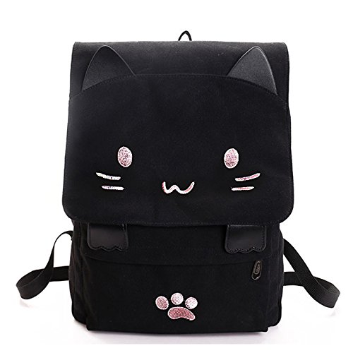 WXHN Bolsa de Estudiante de Lona de Bordado de Gato Lindo de Moda Mochila de Mujer de Dibujos Animados Bolsa de Escuela de Ocio Negro & Rosado