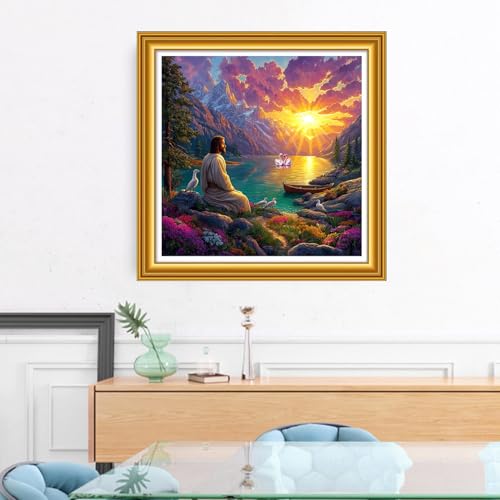 Image of Foxhool Stamped Cross Stitch Kits,11CT Printed Cross Stitch Pattern Full Embroidery Kits for Beginner Needlepoint Kits&Sunrise Jesus Prayer 18x18 inch