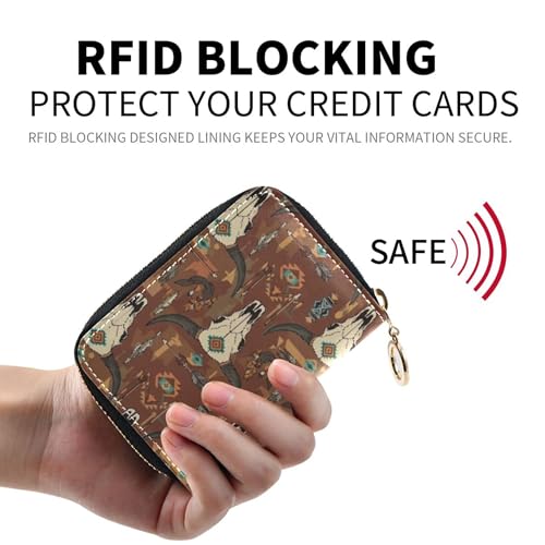 9 Credit Card Slots & 2 Cash Slots Leather Womens Wallet Small Travel Cash Wallet with Coin Pocket Western Boho Bull Ram Skulls2