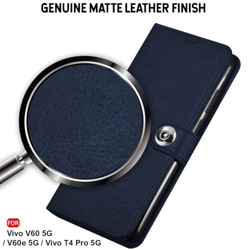Image of TheGiftKart Genuine Leather Finish Flip Back Cover Case for Vivo V60 5G / V60e 5G / Vivo T4 Pro 5G | Inbuilt Pockets & Stand | Wallet Style | Designer Button Magnet Flip Cover (Faux Leather, Blue)