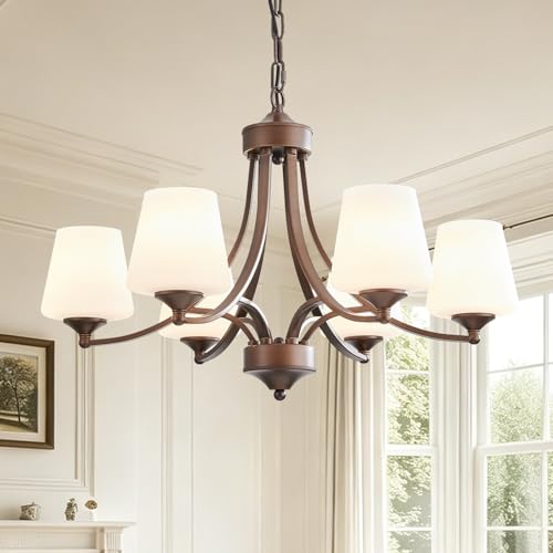 Image of 6-Light Farmhouse Chandelier Oil Rubbed Bronze Pendant Light Fixture with Frosted Glass, Rustic Ceiling Lighting Modern Hanging Lamp for Dining Room Living Room Bedroom, 47.2 inch Height Adjustable