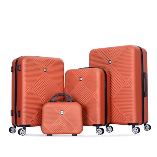 4-Piece ABS Lightweight Suitcase Set, 14in Makeup Box, Spinner Wheels, (14/20/24/28 inch), Dark Orange2