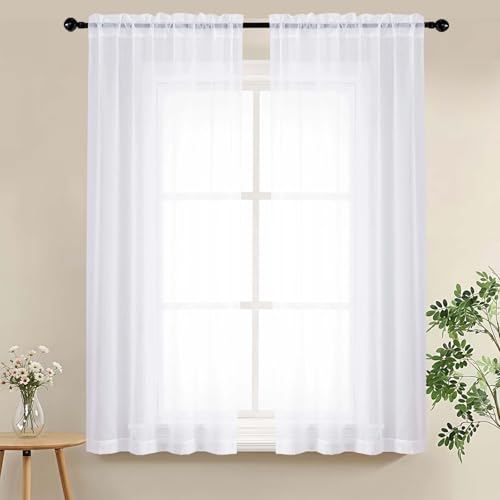 LIVEKID White Sheer Curtains 63 Inch Length for Bedroom - Light Filtering Short Curtains 2 Panels Elagant & Airy Breathable Voile Textured Soft Rod Pocket Half Window Treatments W42 x L63