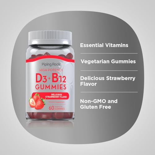 Piping Rock Vitamin D3 and B12 Gummies | 60 Count | Supplement for Women and Men | High Potency | Strawberry Flavor | Vegetarian, Non-GMO, Gluten Free - Thumbnail 4