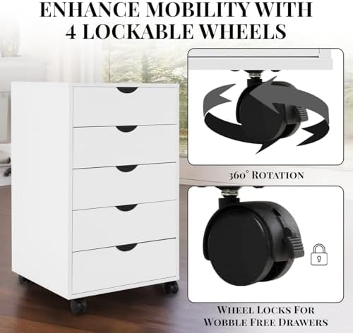Naomi Home Taylor 5 Drawer Chest, Wood Storage Dresser Cabinet with Wheels, Craft Storage Organization, Makeup Drawer Unit for Closet, Office File Cabinet 180 lbs Total Capacity - Ivory