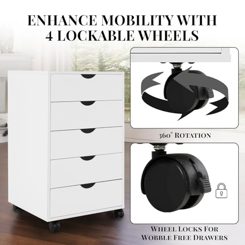 Naomi Home Taylor 5 Drawer Chest, Wood Storage Dresser Cabinet with Wheels, Craft Storage Organization, Makeup Drawer Unit for Closet, Office File Cabinet 180 lbs Total Capacity - Ivory