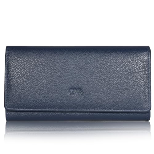 Mou Meraki Women's Top Grain Leather Wallet, RFID Blocking Bifold clutch, 17 Card Slots, Zip Pocket Organizer, Elegant Gift for Women — Birthday, Valentine, Anniversary - NAVY