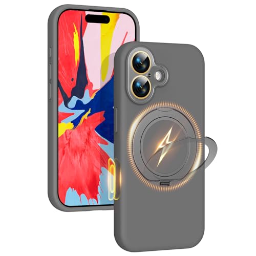 Image of Silicone 360 Spin Magnetic Stand Case for iPhone 17, [Compatible with Mag-Safe][Reinforced Hard Camera Protection] Liquid Silicone Rubber Phone Case Cover with Ring, Camera Button, Slate Gray