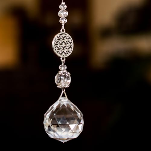 [Freaky Hands]サンキャッチャー クリスタル フラワーオブライフ 天然石付き 風水インテリア 開運 ヒーリング クリアクォーツ 水晶 パワーストーン 30mm (万能ヒーリングクリスタル：水晶), cs-011