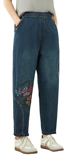 LAI MENG FIVE CATS Women's Elastic Waist Stretch Baggy Jeans Embroidery Denim Pants with Pocket