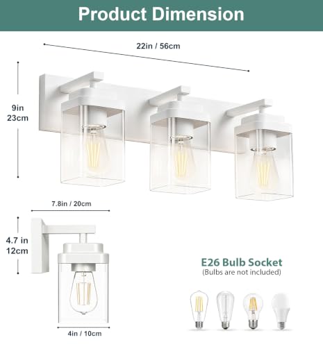 Image of White Bathroom Light Fixtures, 3 Lights Bathroom Lighting Fixtures Over Mirror, Square Design & Rectangle Large Backplate, Modern Vanity Lighting Fixtures, for Bathroom /Living Room /Bedroom