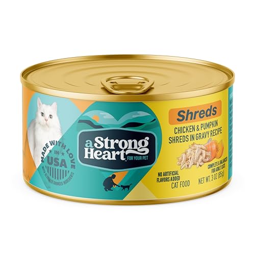 Image of A Strong Heart Wet Cat Food, Chicken & Pumpkin Shreds in Gravy, Made with Whole Muscle Chicken, Made in the USA, 3oz Can (Pack of 24)