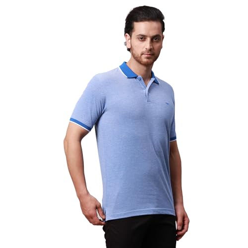 Image of Park Avenue Men's Cotton Polyester Blend Stripe Pattern Slim Fit Rib Collar Polo Neck Half Sleeve Casual T-Shirt