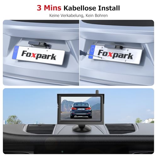 5“ Solar Rückfahrkamera Kabellos Set, 3 Min DIY Installation, HD1080P Monitor Unterstützt 2 Channels, IP69K Wasserdicht für Auto, SUV, Van, Wohnmobil Foxpark