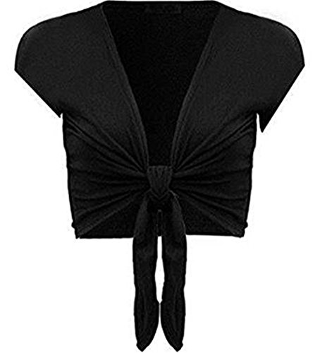 COMMENCER Women's Tie Up Front Cropped Bolero Shrugs Cardigan Ladies Short Sleeve Open Top Black-L/XL