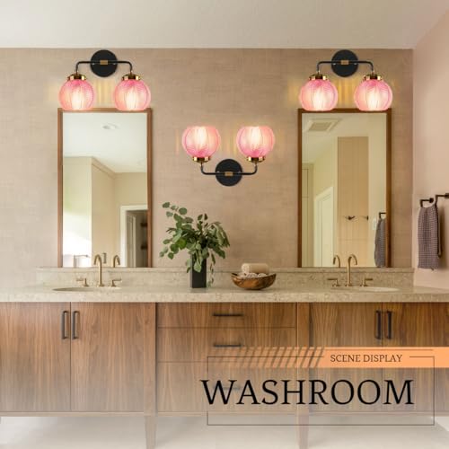 Image of Modern Vanity Light Pink Bathroom Decor Black Bathroom Light Fixture | 2-Lights Ribbed Glass Shade Vintage Vanity Lights Gold Lighting fixture for Over Mirror Cabinet Bedroom Hallway Kitchen