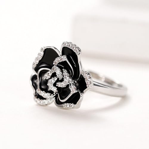 White Gold Plated Cubic Zirconia Vintage Black Enamel Flower Design Statement Ring Personalized Accessory Ideal for Women's Daily Casual Wear Party Holiday Anniversary Love Jewelry Gift2