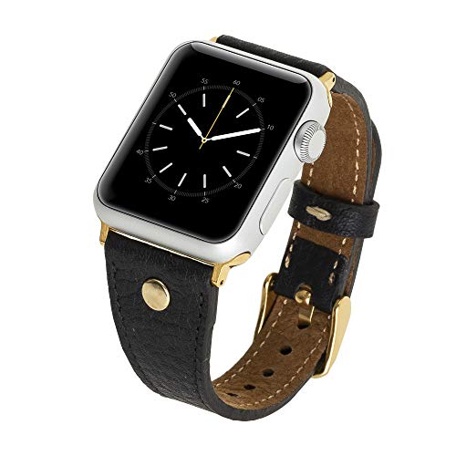 Venito Sessa Premium Leather Slim Watch Band Strap w/Gold Stud Compatible with Apple Watch 38mm 40mm 41mm - iwatch Series 1, 2, 3, 4, 5, 6, 7, SE (Black w/Gold Stainless Steel Hardware)