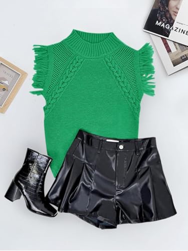 Image of Womens Summer Sleeveless Sweater Vest 2025 Mock Neck Cable Knit Fringe Cap Sleeve Boho Trendy Pullover Tank Tops