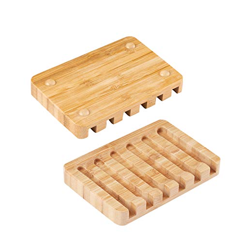 Fiewmay 2 pcs Bamboo Soap Dishes for Bathroom/Shower, Natural Wood Big Bar Soap Holder with Self Draining Tray, Natural Waterfall Drain Soap Saver