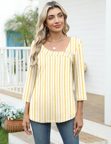 Image of LOMON Womens 3 /4 Length Sleeve T Shirts Asymmetrical Neck Tops Business Blouses for Women Fashion 2026