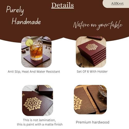 Image of Wooden Tea Coaster Square Shape-Set of 6 with Free Spoon Handcrafted Premium Hard Wood,Durable Coasters for Drinks Heat & Water Resistant,Coffee,Office Desk Home Decor Gift Item Golden Design