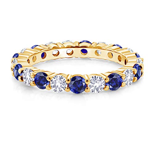 Gem Stone King 18K Yellow Gold Plated Silver Round Blue and White Created Sapphire Eternity Band Ring For Women | 2.70 Cttw | Gemstone Birthstone | Available In Size 5, 6, 7, 8, 94