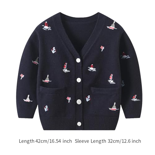 Kids Knit Cardigan with Sailboat Embroidery Stylish Long Sleeve Sweater for Boys and Girls 2-4 Years 120cm Blue4