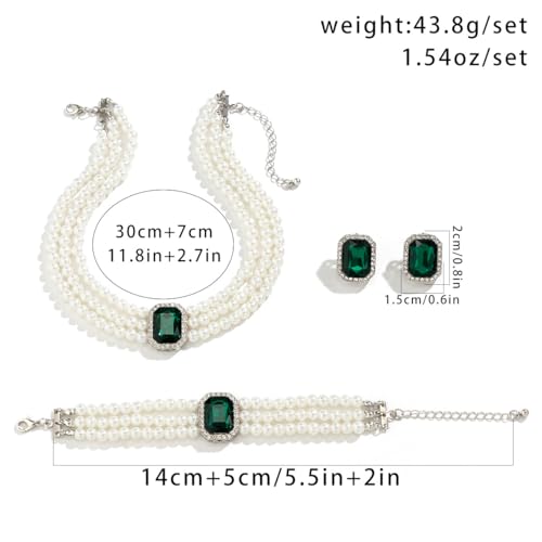 Juego de joyas rojo y verde para mujer con collar de perlas y pulsera elegante 5