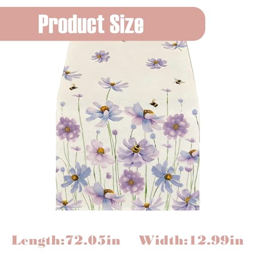Purple Wildflowers and Bees Spring Table Runner,13x72 Inch Seasonal Kitchen Dining Table Decoration for Home Party Decor,Floral Easter Decor,Rustic Wildflower Table Runner for Holiday,Wedding