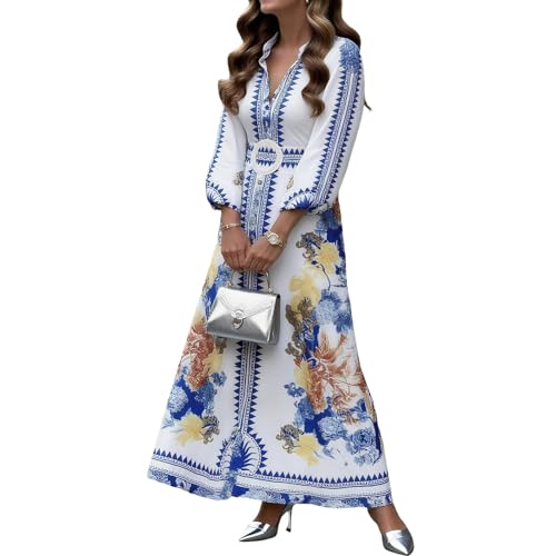 BEYINCUTE Womens Blue Button Down Shirt Dress Autumn Lapel Neck Lantern Sleeve Boho Outdoor Ceremony Maxi Dresses with Belt