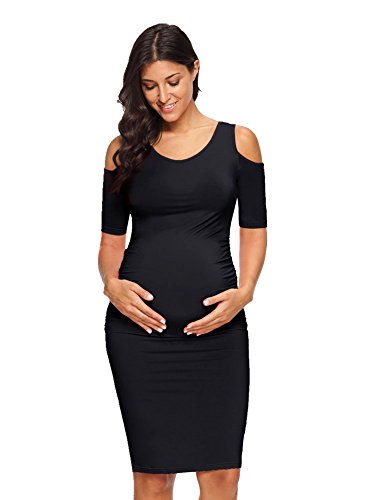 Kalayo Women's Cold Shoulder Bodycon Maternity Dress Half Sleeve Fitted Ruched Sides Casual Pregnancy Clothes, Black, Medium