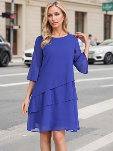 Image of Seta T Women's Chiffon Dresses 3 /4 Bell Sleeve Crewneck Tiered Layered Flowy Dress Party Wedding Outfits